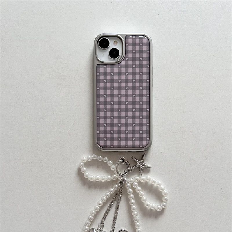 Phone Accessories For Girls - Pink Purple Heart-Shaped Checkered Korean ins