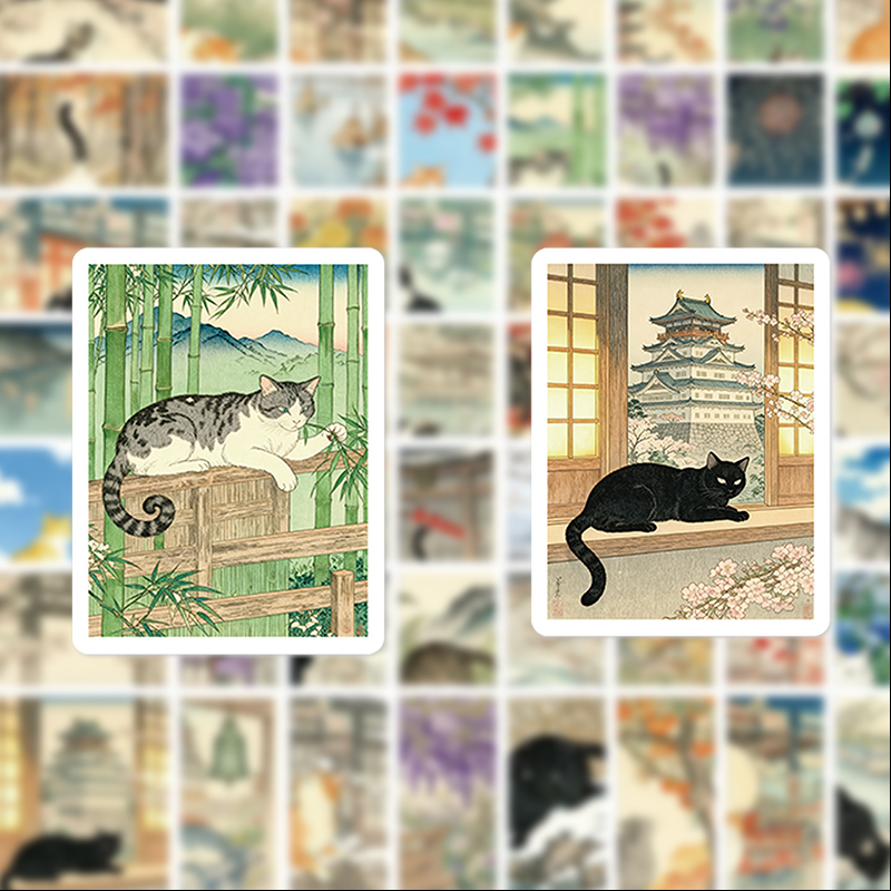 Phone Accessories For Your Car - 56 Japanese-Style Cat Ukiyo-E Graffiti Stickers,